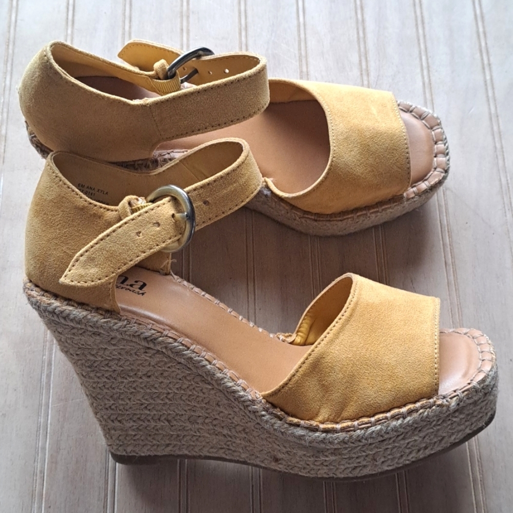 a.n.a Mustard Suede Wedge Sandals